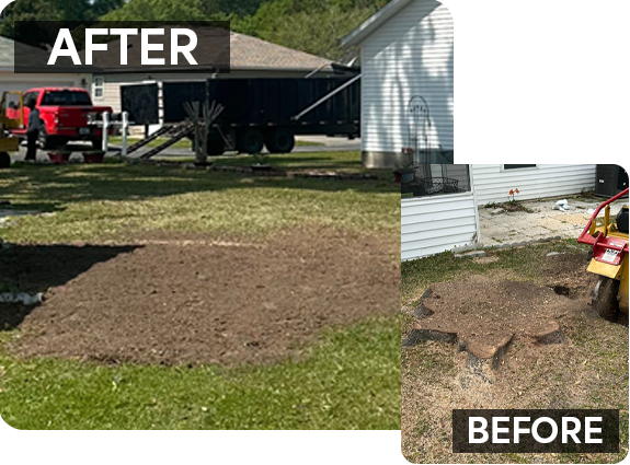 A split-screen before and after image showing a large tree stump in a yard labeled "BEFORE," contrasted with a cleared dirt area where a worker rakes soil near orange machinery and a tractor labeled "AFTER."