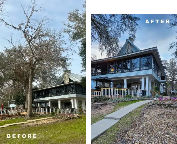 A side-by-side before and after comparison showing a large, sparse tree partially blocking the view of a two-story lake house labeled "BEFORE," and the same view with the tree completely removed, opening up the view of the house and its walkway labeled "AFTER."